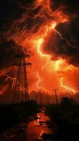 grubblande, apokalyptisk atmosfär med levande röd blixt- i de himmel vertikal mobil tapet ai genererad foto