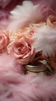 elegant bröllop dacor terar guld ringar, Eustoma rosor, och ljus rosa fjädrar vertikal mobil tapet ai genererad foto