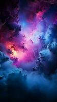 Engulfed i rök, vibrerande lila och blå strålkastare skapa intrig vertikal mobil tapet ai genererad foto