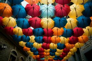 en samling av färgrik paraplyer hänger, tillsats ljusstyrka till de utställning ai genererad foto