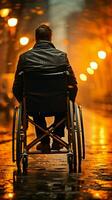 stänga upp rullstol bunden man innehar händer på hjul, förkroppsligande bemyndigande för Inaktiverad vertikal mobil tapet ai genererad foto