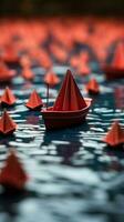 kollektiv resa röd ledare båt guider papper båtar på Karta, illustrerar lagarbete Framgång vertikal mobil tapet ai genererad foto
