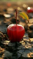 torka drabbade jord vaggar äpple, symbolisk av hunger, vatten brist, och jordbruks ångest vertikal mobil tapet ai genererad foto