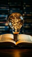 upplyst insikter ljus Glödlampa ovan bok betecknar kreativ idéer fostrad genom läsning vertikal mobil tapet ai genererad foto