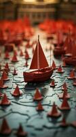 ledande de packa röd båt guider papper flotta på värld Karta, betecknande lagarbete vertikal mobil tapet ai genererad foto