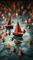 navigerande Framgång röd ledare båt stutar papper flotta på global Karta, skildrar effektiv ledarskap vertikal mobil tapet ai genererad foto