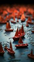 navigerande Framgång röd ledare båt stutar papper flotta på global Karta, skildrar effektiv ledarskap vertikal mobil tapet ai genererad foto