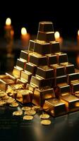 dyrbar tillgångar guld bar atop stock Graf, skildrar investeringar synergi och värde vertikal mobil tapet ai genererad foto