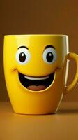 leende java kopp karaktär lyser på gul en söt ansikte med kopia Plats vertikal mobil tapet ai genererad foto