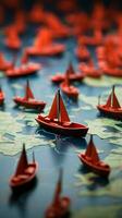synkroniserad triumf röd ledare båt guider papper båtar på Karta, skildrar lagarbete påverkan vertikal mobil tapet ai genererad foto