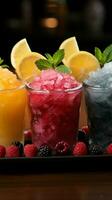 vibrerande isig frukt slask, kyld i koppar färgrik förfriskning, frysta glädje vertikal mobil tapet ai genererad foto