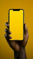 gul bakgrund accentuerar hand, låda, och telefon en triad av innovation vertikal mobil tapet ai genererad foto