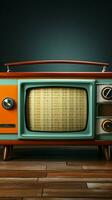 gul orange Färg gammal årgång retro tv på trä tabell med mynta blå bakgrund vertikal mobil tapet ai genererad foto