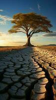 ikoniska träd på knäckt jord förkroppsligar klimat kris, global uppvärmningen inducerad vatten brist vertikal mobil tapet ai genererad foto