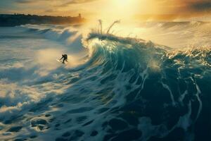 surfing entusiast erövrar de mäktig hav vågor i en fängslande bild ai genererad foto