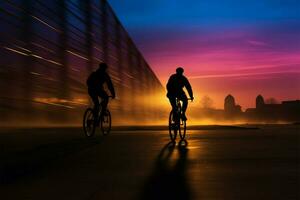 de urban cyklister silhuett går samman med de stadsbild på solnedgång ai genererad foto