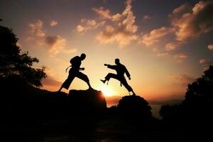 två individer förlova sig i karate Träning, silhouetted mot de miljö Sol ai genererad foto