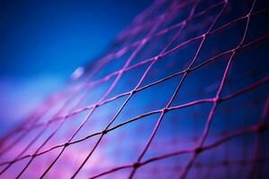 volleyboll netto står lång i vibrerande lila, redo för verkan ai genererad foto