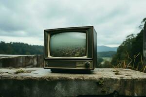 årgång TV vilar på en sten yta, en tidlös underhållning relik ai genererad foto