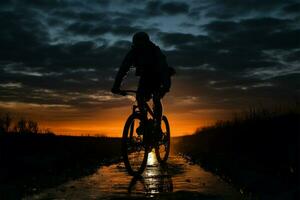 cyklist pedaler genom skymning, fattande de lugn av kväll ridning ai genererad foto