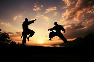 karate utövare monter deras Kompetens mitt i en pittoresk solnedgång bakgrund ai genererad foto