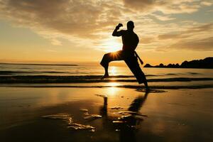 krigisk artister silhuett nådar de Strand, utför kickboxning på solnedgång ai genererad foto