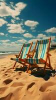 kust bekvämlighet strand stolar på sandig Strand under solig blå himmel och moln vertikal mobil tapet ai genererad foto