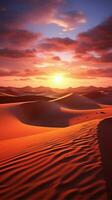 öknar duk glödande, Sol dips under de sanddyner, en lugn sandig solnedgång vertikal mobil tapet ai genererad foto