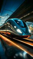 elegans i rörelse hög hastighet tåg ränder över station, bakgrund en dynamisk fläck vertikal mobil tapet ai genererad foto