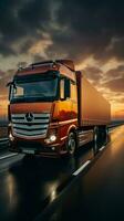 uttrycka väg rusa lastbilar rörelse fläck förkroppsligar hög hastighet resa och effektiv logistik vertikal mobil tapet ai genererad foto