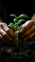 manlig hand ympning för plantering vertikal mobil tapet ai genererad foto