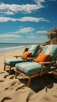 sandig vilstolar schäs lounger på de strand erbjudande rogivande vid vatten avslappning vertikal mobil tapet ai genererad foto