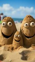 havsstrand familj familj ansikte symbol på sandig strand, erbjudande riklig kopia Plats vertikal mobil tapet ai genererad foto