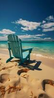 havsstrand lugn strand stolar på vit sand under blå himmel och solig glöd vertikal mobil tapet ai genererad foto