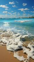 havet elegans klar Vinka nådar sandig strand, ren hav vatten i fokus vertikal mobil tapet ai genererad foto