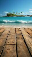 havet monter suddig strand bakgrund kompletterar trä däck för produkt visas vertikal mobil tapet ai genererad foto