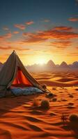 lugn av de sandstrand camping isolerat i öknar tyst väldighet, tog bort från civilisation vertikal mobil tapet ai genererad foto