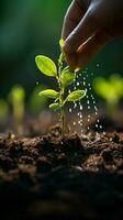 Rör av vård hand lägger till jord på grön bokeh, symboliserar plantering eller hyllning vertikal mobil tapet ai genererad foto