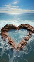 Vinka kysste kärlek hjärta form på sandig strand, inramade förbi rullande hav vågor vertikal mobil tapet ai genererad foto