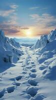 vintrig vandra fotspår stiga kulle som människor våga genom snö täckt landskap vertikal mobil tapet ai genererad foto