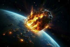 jordar stöta på med ett närmar sig meteorit, kosmisk kollision nära förestående ai genererad foto