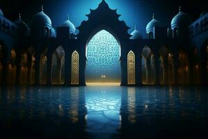 eterisk månsken nådar ett islamic moskéer interiör med lugn strålglans ai genererad foto