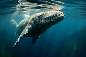 i blå djup, en ung puckelrygg valar glad vatten- prestanda ai genererad foto