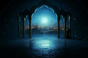 fängslande spela av månsken i ett islamic moskéer lugn interiör ai genererad foto