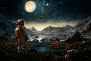fängslande Plats sökande ett astronaut samlar sten på ett utomjording planet ai genererad foto