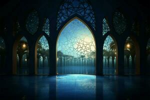 månsken badar islamic moskéer interiör i lugn, eterisk luminans ai genererad foto