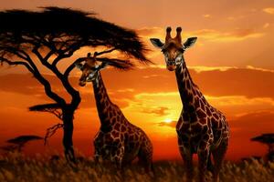 naturer skådespel en förvandlas ögonblick som giraffer beta på skymning ai genererad foto