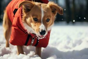 snöig sagoland söt hund i röd täcka åtnjuter av koppel frihet ai genererad foto