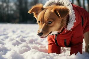 snöig sagoland söt hund i röd täcka åtnjuter av koppel frihet ai genererad foto