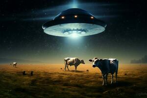 astral collage UFO och nyfiken ko i nyckfull tapet design ai genererad foto